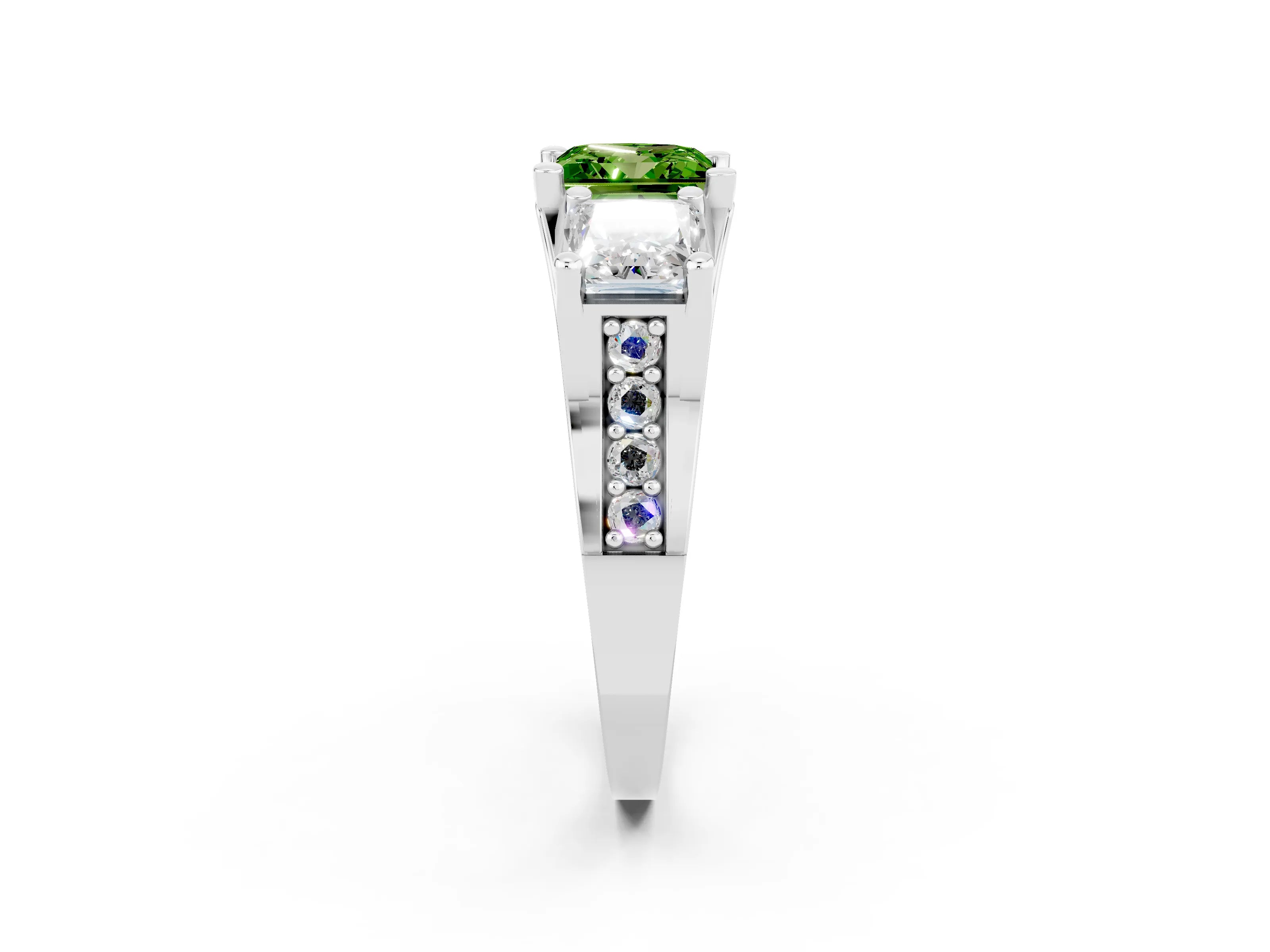 White gold Princess Cut Peridot Three-Stone Ring with Channel Set Band and Four-Prong Setting_2