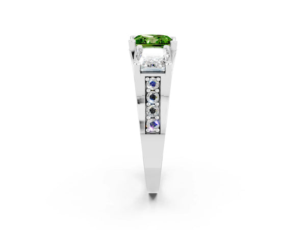 White gold Princess Cut Peridot Three-Stone Ring with Channel Set Band and Four-Prong Setting