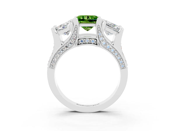 Platinum Princess Cut Peridot Three-Stone Ring with Channel Set Band and Four-Prong Setting