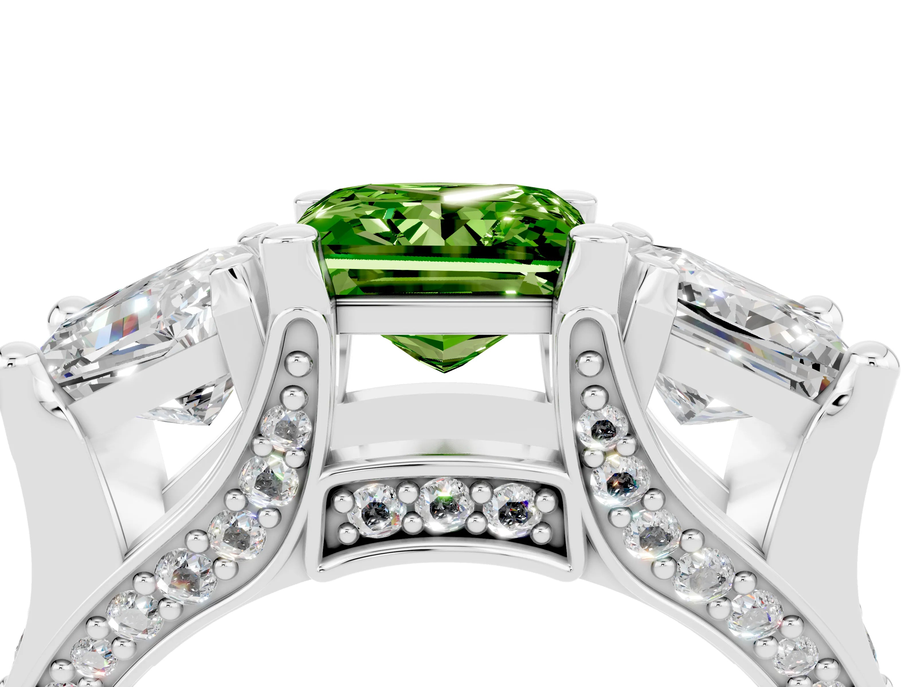 White gold Princess Cut Peridot Three-Stone Ring with Channel Set Band and Four-Prong Setting_4