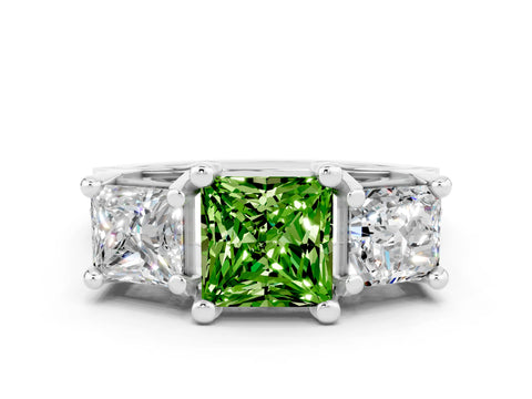 White gold Princess Cut Peridot Three-Stone Ring with Channel Set Band and Four-Prong Setting