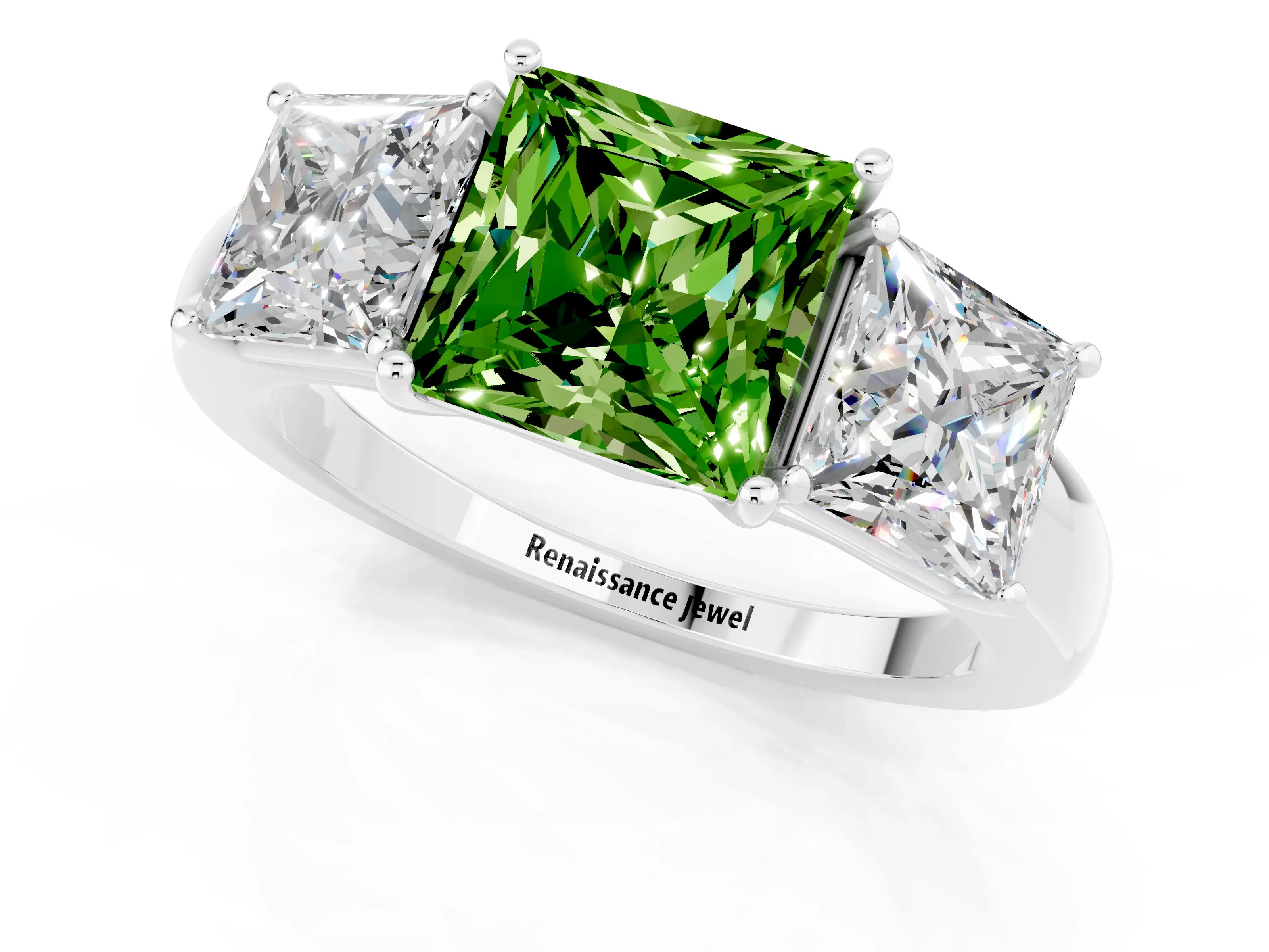 White gold Princess Cut Peridot Three-Stone Ring with Four-Prong Setting and Classic Band_1