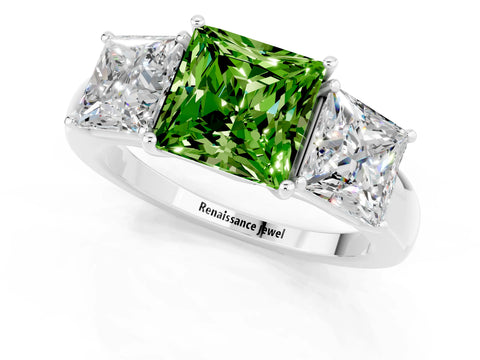 White gold Princess Cut Peridot Three-Stone Ring with Four-Prong Setting and Classic Band_1