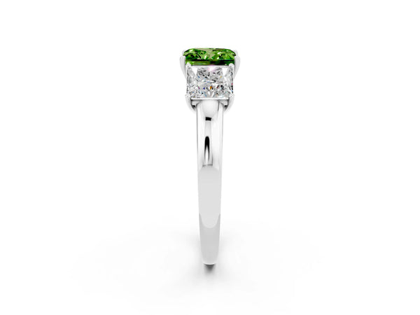 Platinum Princess Cut Peridot Three-Stone Ring with Four-Prong Setting and Classic Band