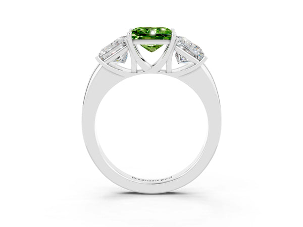 Platinum Princess Cut Peridot Three-Stone Ring with Four-Prong Setting and Classic Band