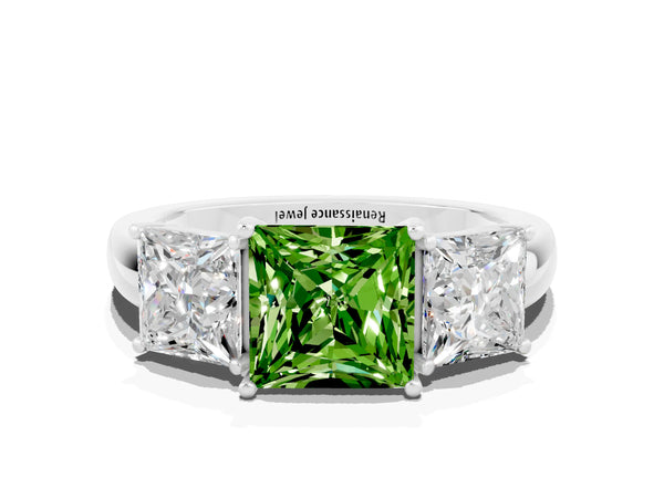 Silver Princess Cut Peridot Three-Stone Ring with Four-Prong Setting and Classic Band