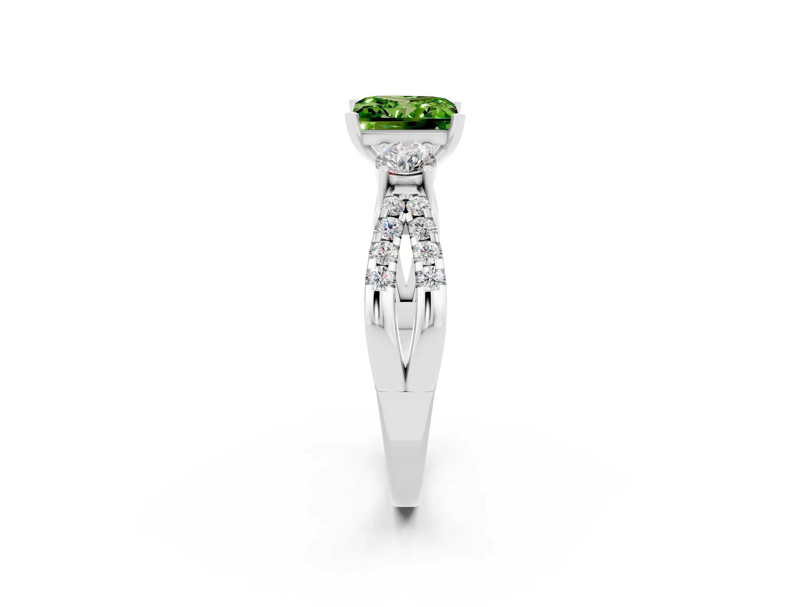 White gold Princess Cut Peridot Three-Stone Ring with Pavé Split Shank and Four-Prong Setting_2