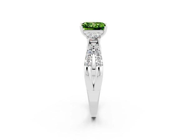 Platinum Princess Cut Peridot Three-Stone Ring with Pavé Split Shank and Four-Prong Setting