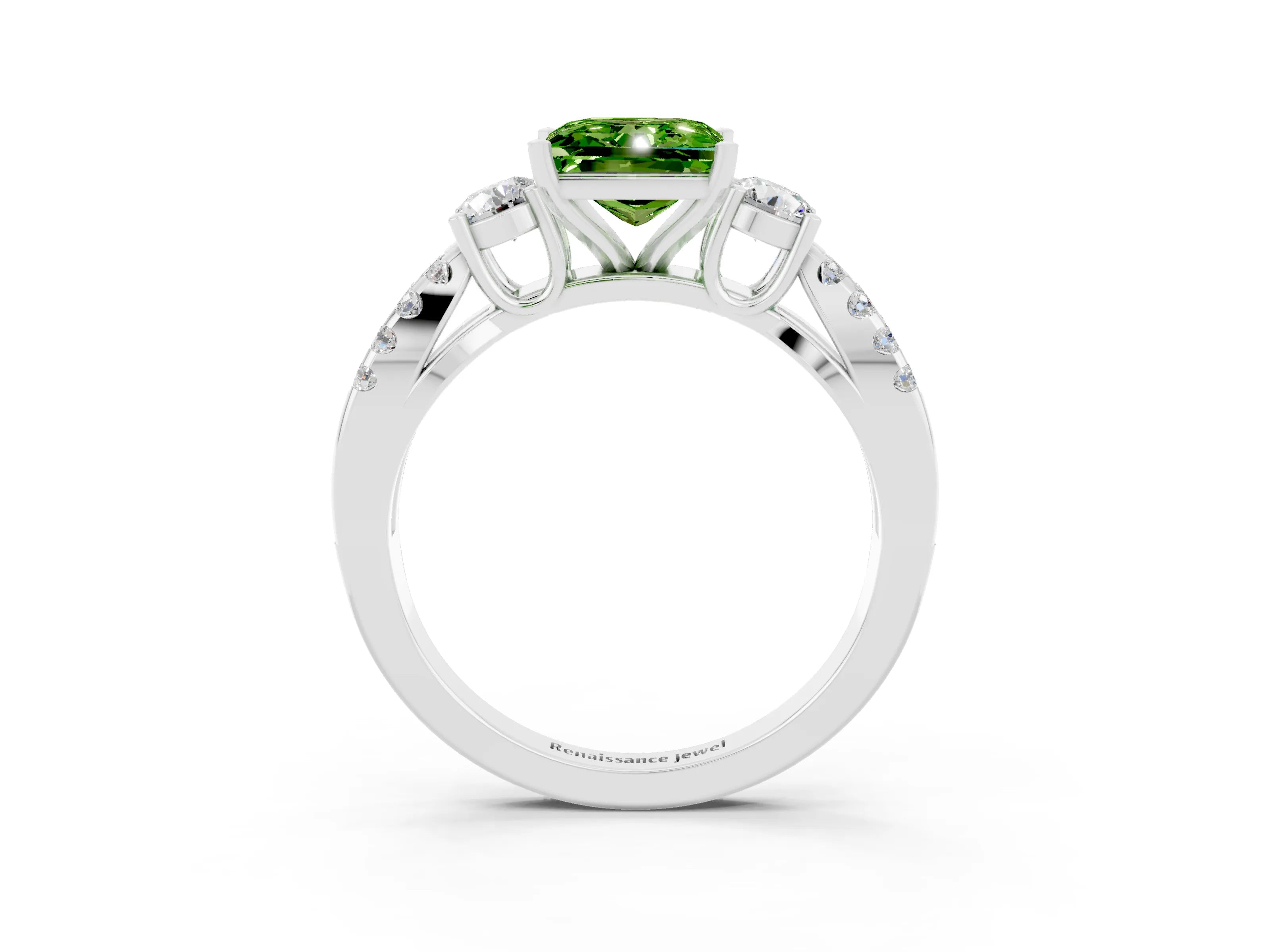 White gold Princess Cut Peridot Three-Stone Ring with Pavé Split Shank and Four-Prong Setting_3