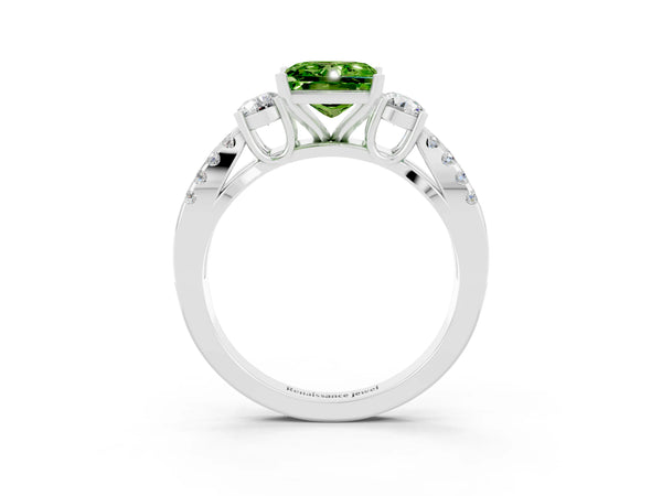 White gold Princess Cut Peridot Three-Stone Ring with Pavé Split Shank and Four-Prong Setting