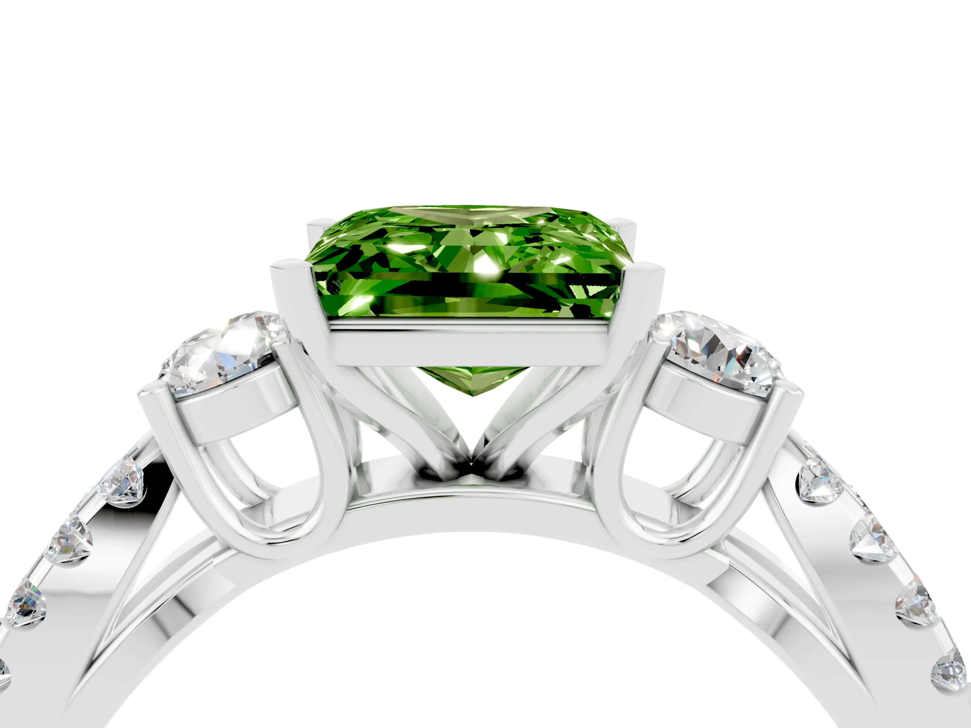 White gold Princess Cut Peridot Three-Stone Ring with Pavé Split Shank and Four-Prong Setting_4