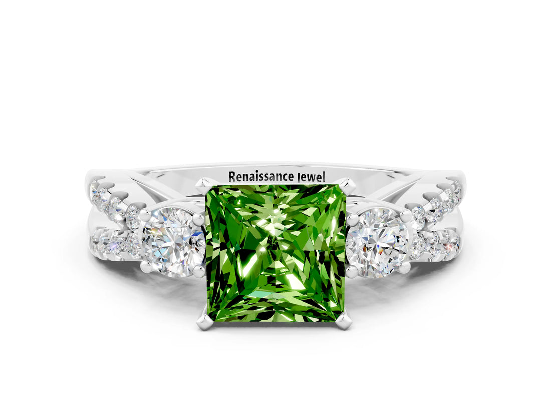 White gold Princess Cut Peridot Three-Stone Ring with Pavé Split Shank and Four-Prong Setting