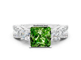 White gold Princess Cut Peridot Three-Stone Ring with Pavé Split Shank and Four-Prong Setting