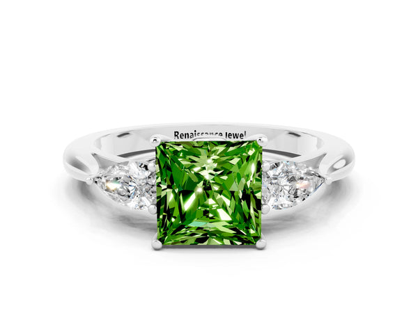 Platinum Princess Cut Peridot Three-Stone Ring with Pear  Side Stones and Prong Setting