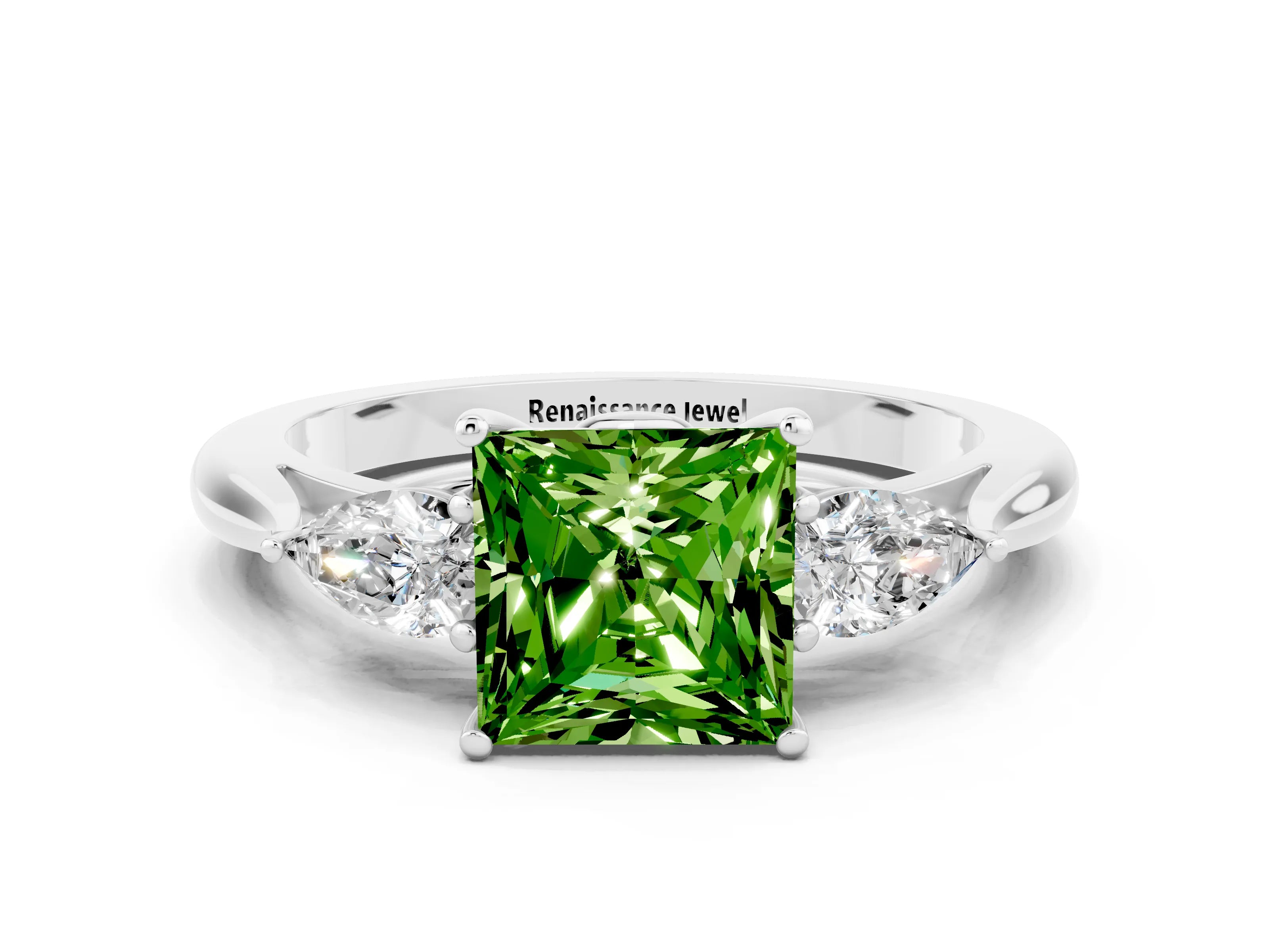 White gold Princess Cut Peridot Three-Stone Ring with Pear Side Stones and Four-Prong Setting_12