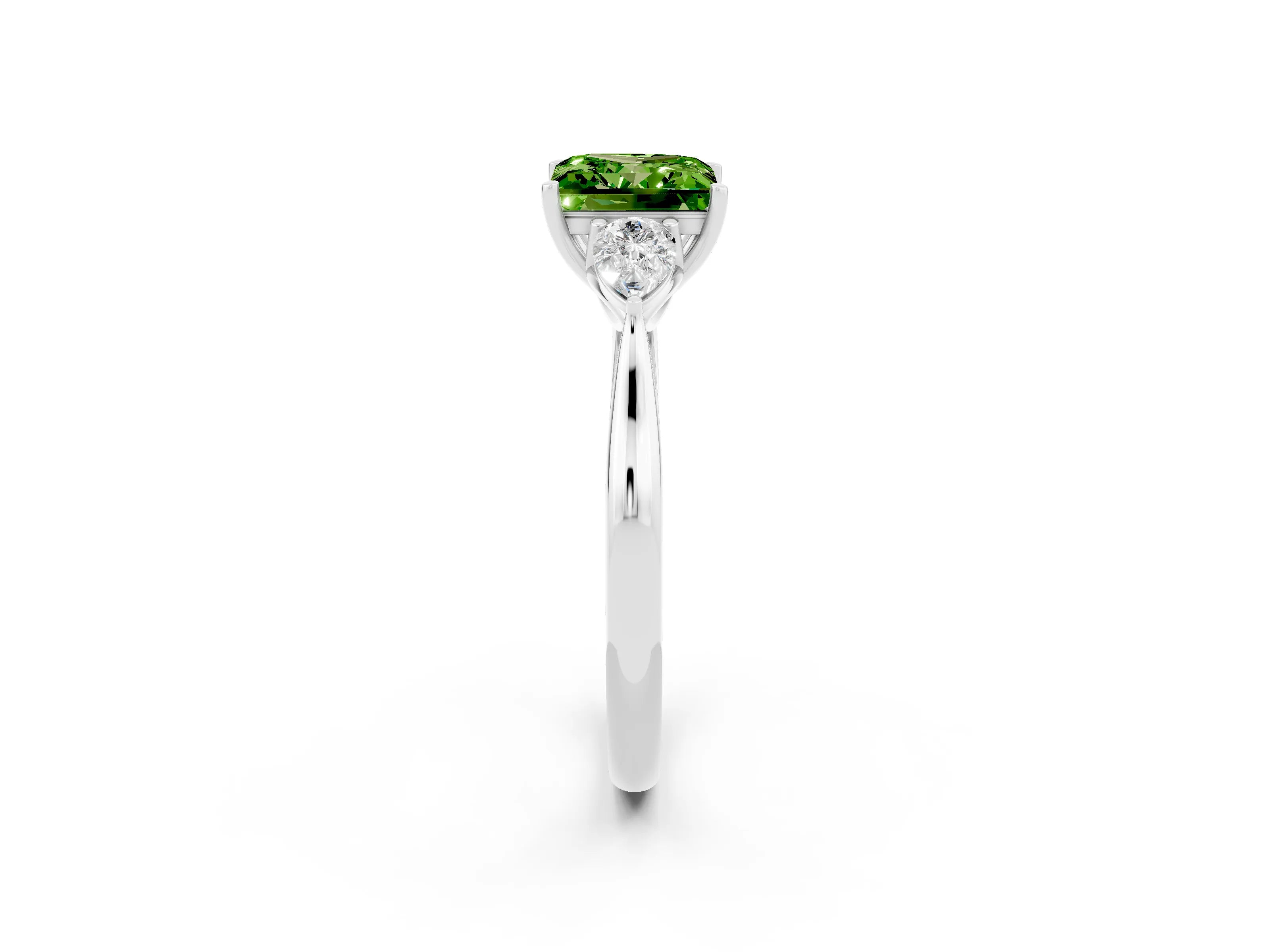 White gold Princess Cut Peridot Three-Stone Ring with Pear Side Stones and Four-Prong Setting_14