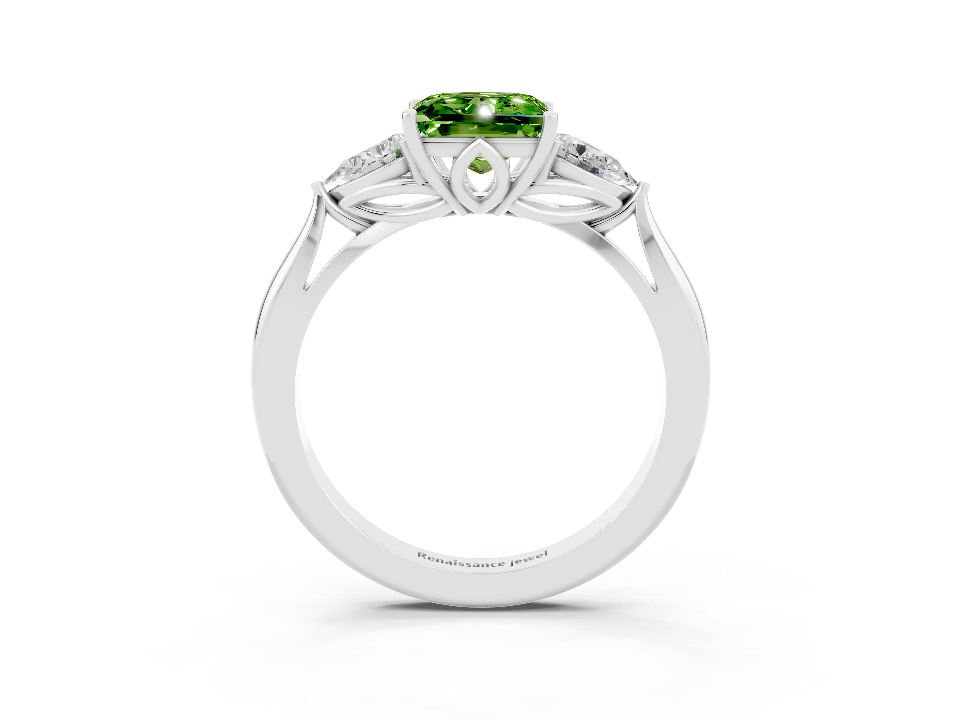 White gold Princess Cut Peridot Three-Stone Ring with Pear Side Stones and Four-Prong Setting_15
