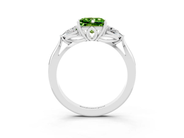 Silver Princess Cut Peridot Three-Stone Ring with Pear  Side Stones and Prong Setting