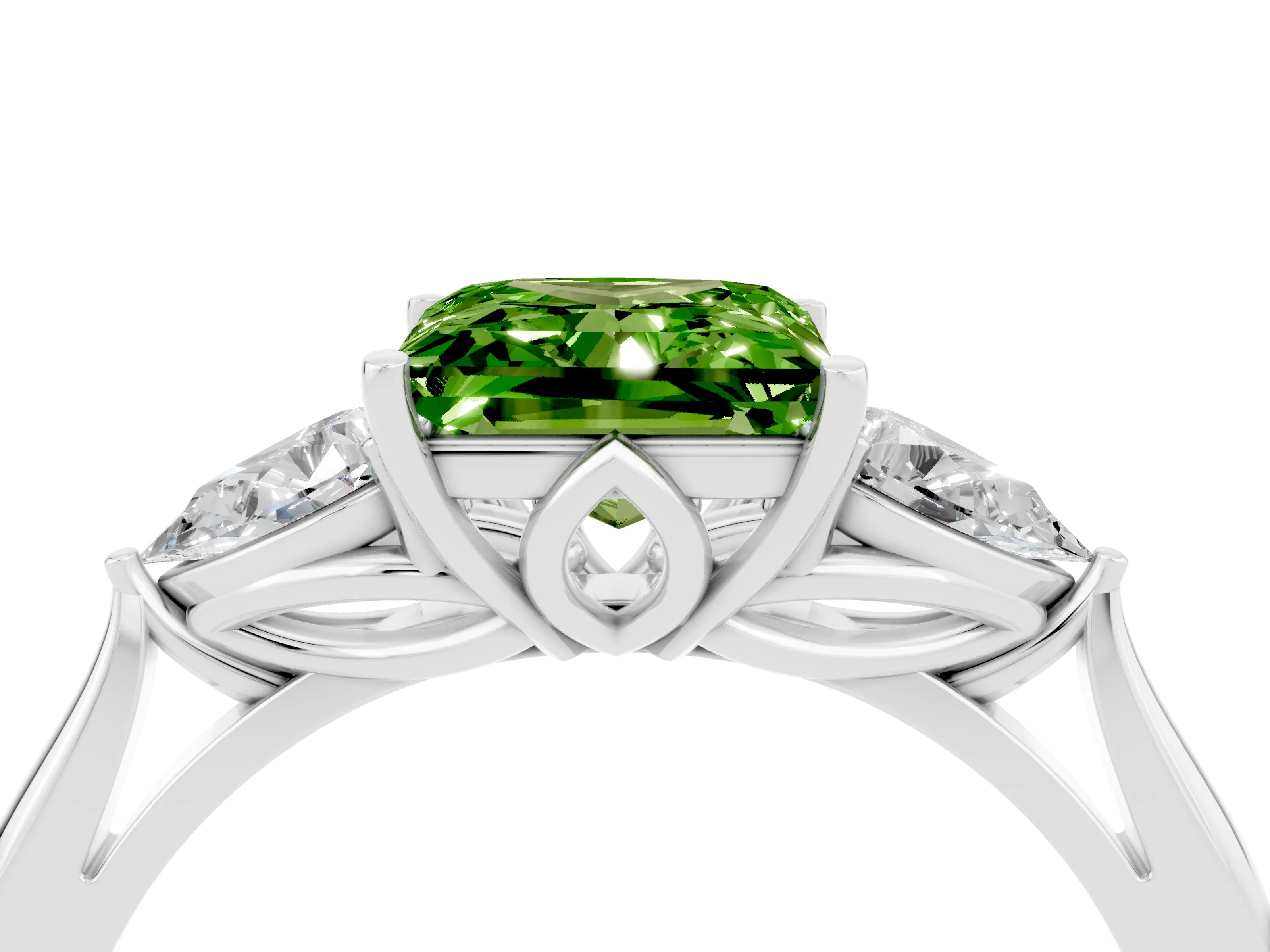 White gold Princess Cut Peridot Three-Stone Ring with Pear Side Stones and Four-Prong Setting_16