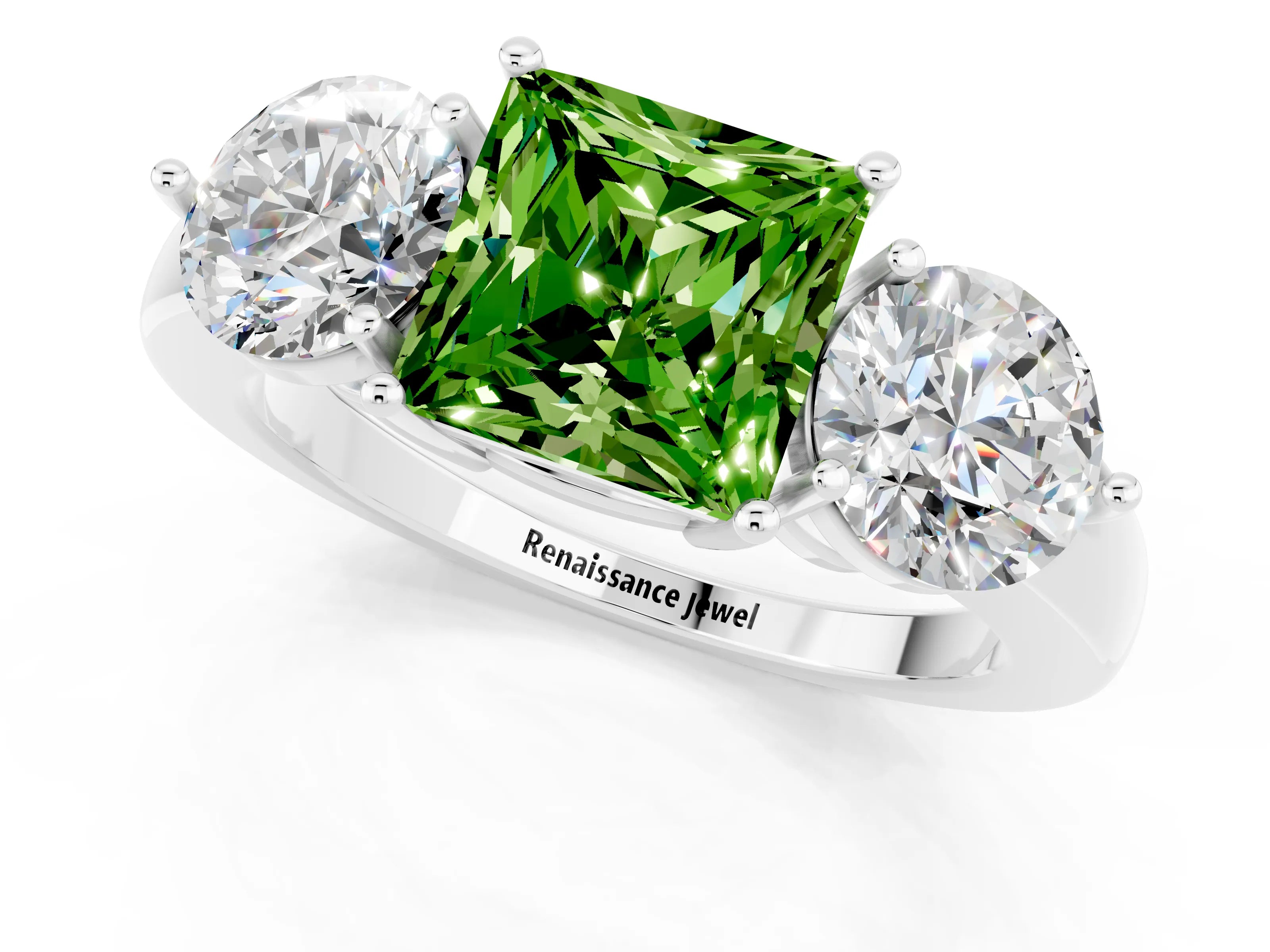 White gold Princess Cut Peridot Three-Stone Ring with Prong Setting and Classic Band_1