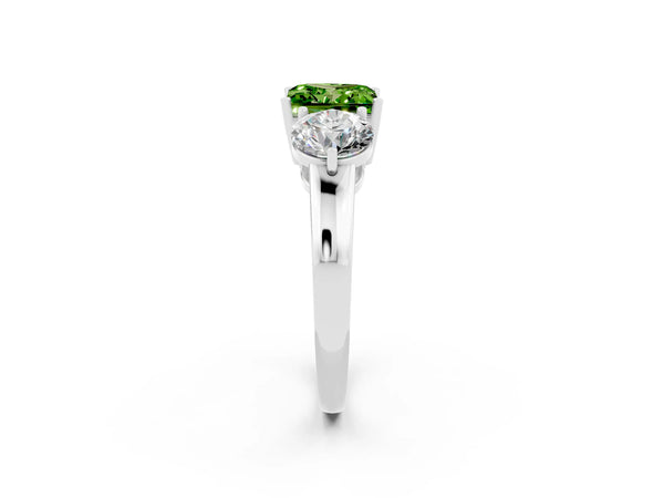 Platinum Princess Cut Peridot Three-Stone Ring with Prong Setting and Classic Band