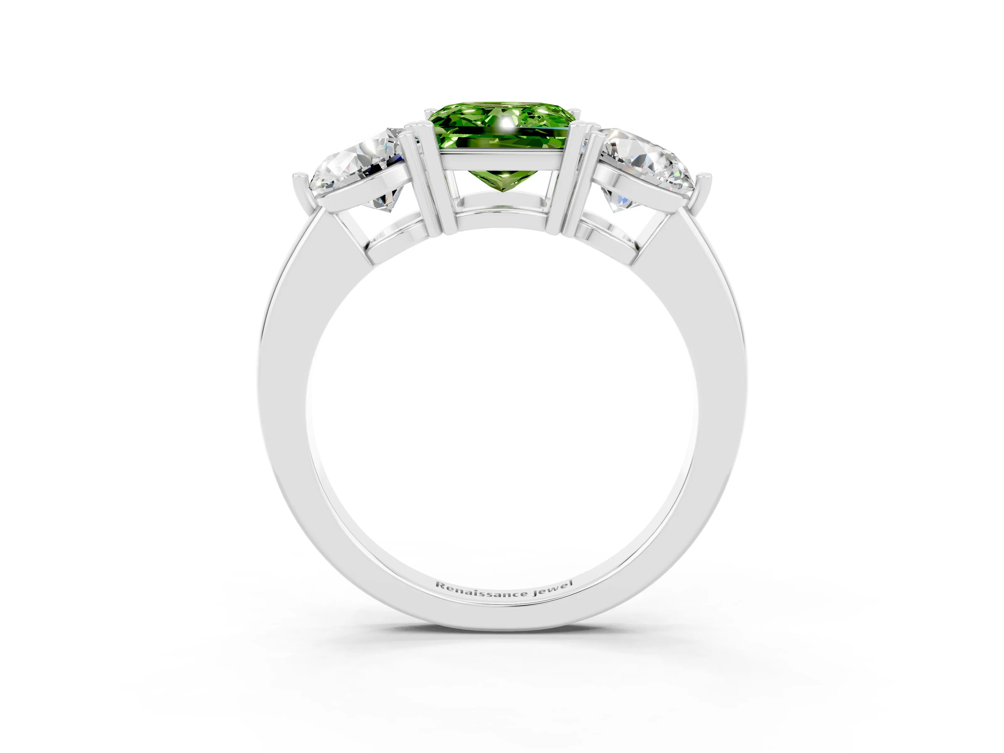 White gold Princess Cut Peridot Three-Stone Ring with Prong Setting and Classic Band_3