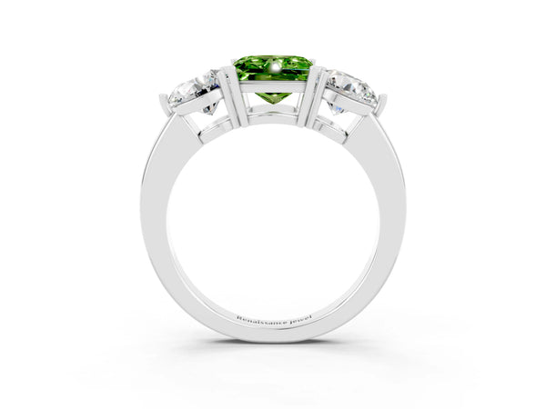 White gold Princess Cut Peridot Three-Stone Ring with Prong Setting and Classic Band