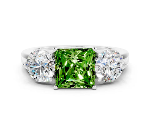 White gold Princess Cut Peridot Three-Stone Ring with Prong Setting and Classic Band