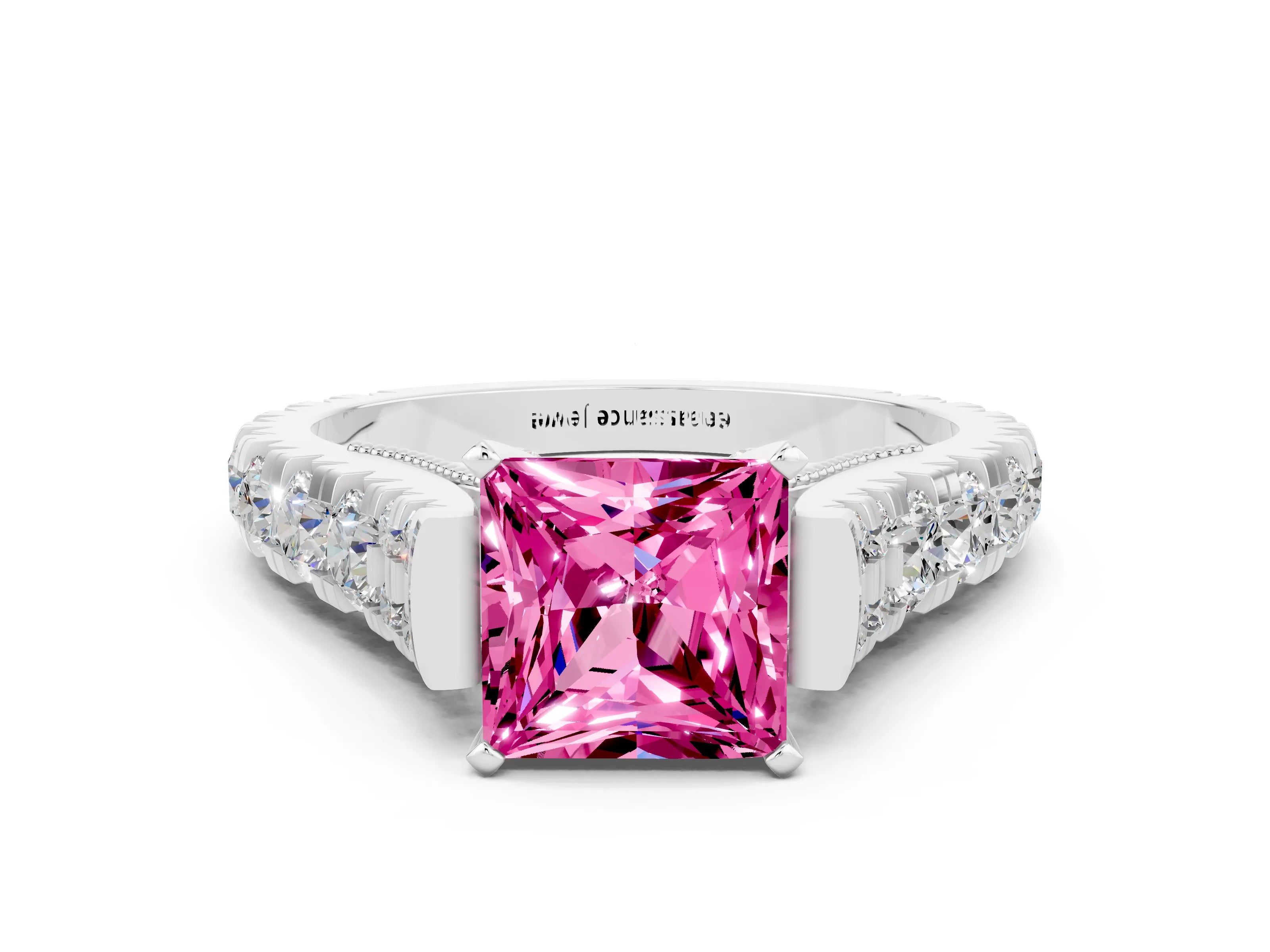 White gold Princess Cut Pink Sapphire Classic Solitaire Ring with Pavé Band and Four-Prong Setting_12