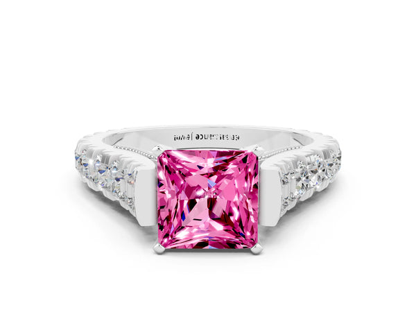 White gold Princess Cut Pink Sapphire Classic Solitaire Ring with Pavé Band and Four-Prong Setting
