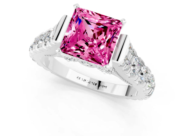 Platinum Princess Cut Pink Sapphire Classic Solitaire Ring with Pavé Band and Four-Prong Setting