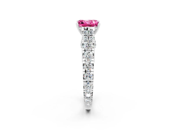 Silver Princess Cut Pink Sapphire Classic Solitaire Ring with Pavé Band and Four-Prong Setting