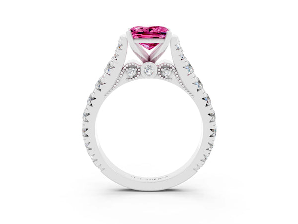 Platinum Princess Cut Pink Sapphire Classic Solitaire Ring with Pavé Band and Four-Prong Setting