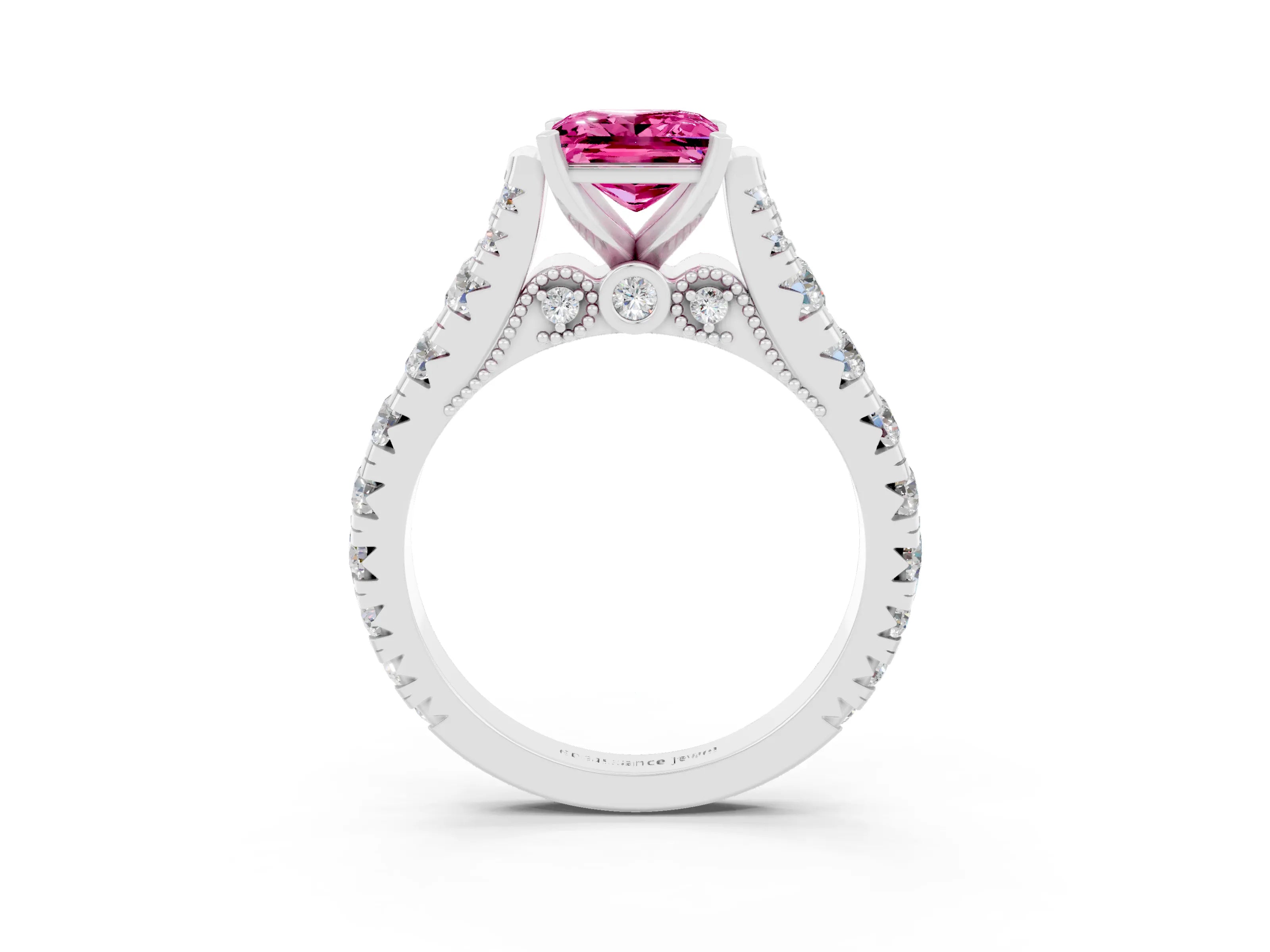 White gold Princess Cut Pink Sapphire Classic Solitaire Ring with Pavé Band and Four-Prong Setting_15