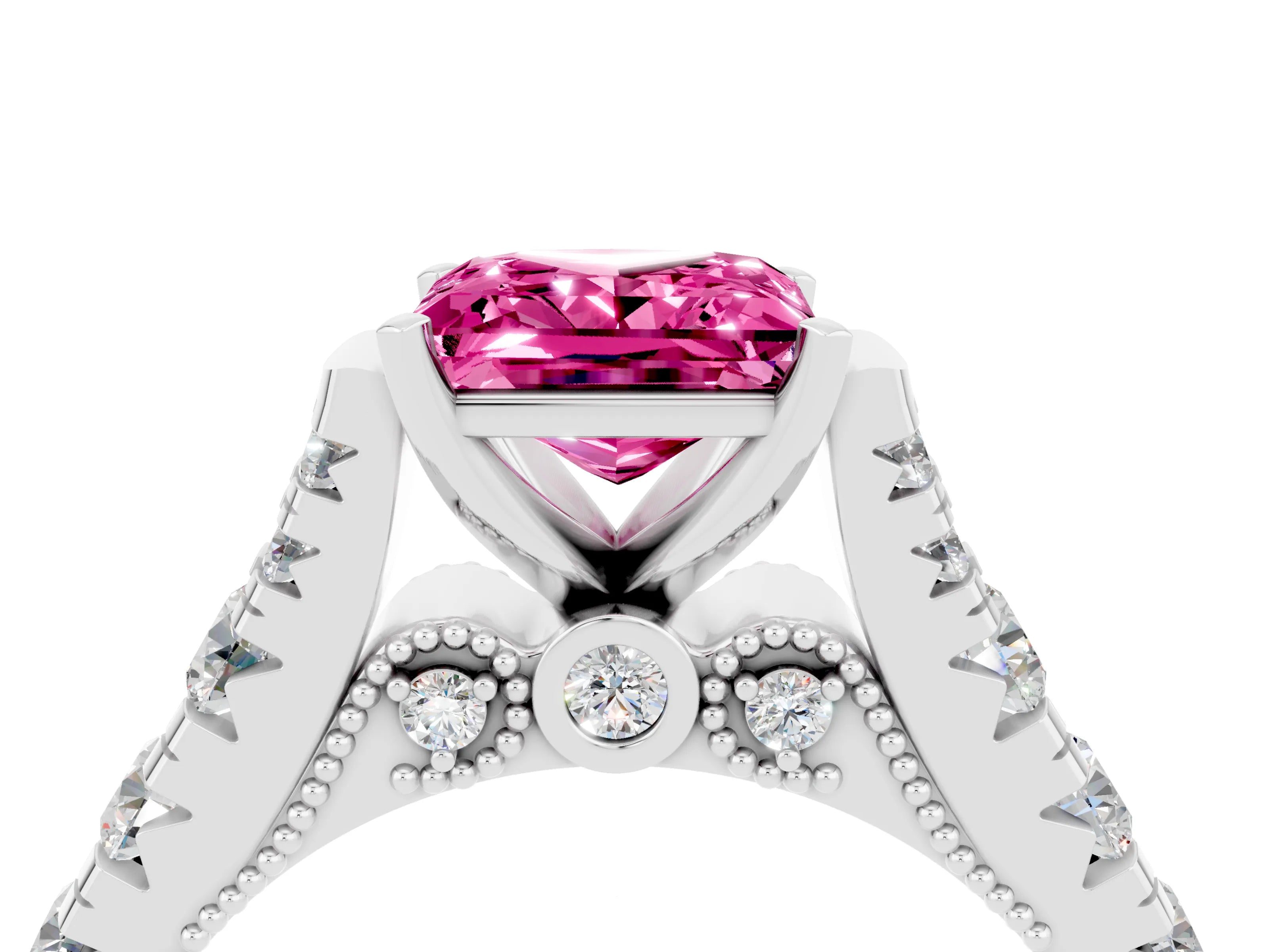 White gold Princess Cut Pink Sapphire Classic Solitaire Ring with Pavé Band and Four-Prong Setting_16