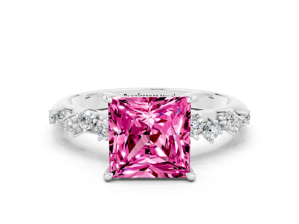 Silver Princess Cut Pink Sapphire Cluster Side Stone Solitaire Ring with Prong Setting