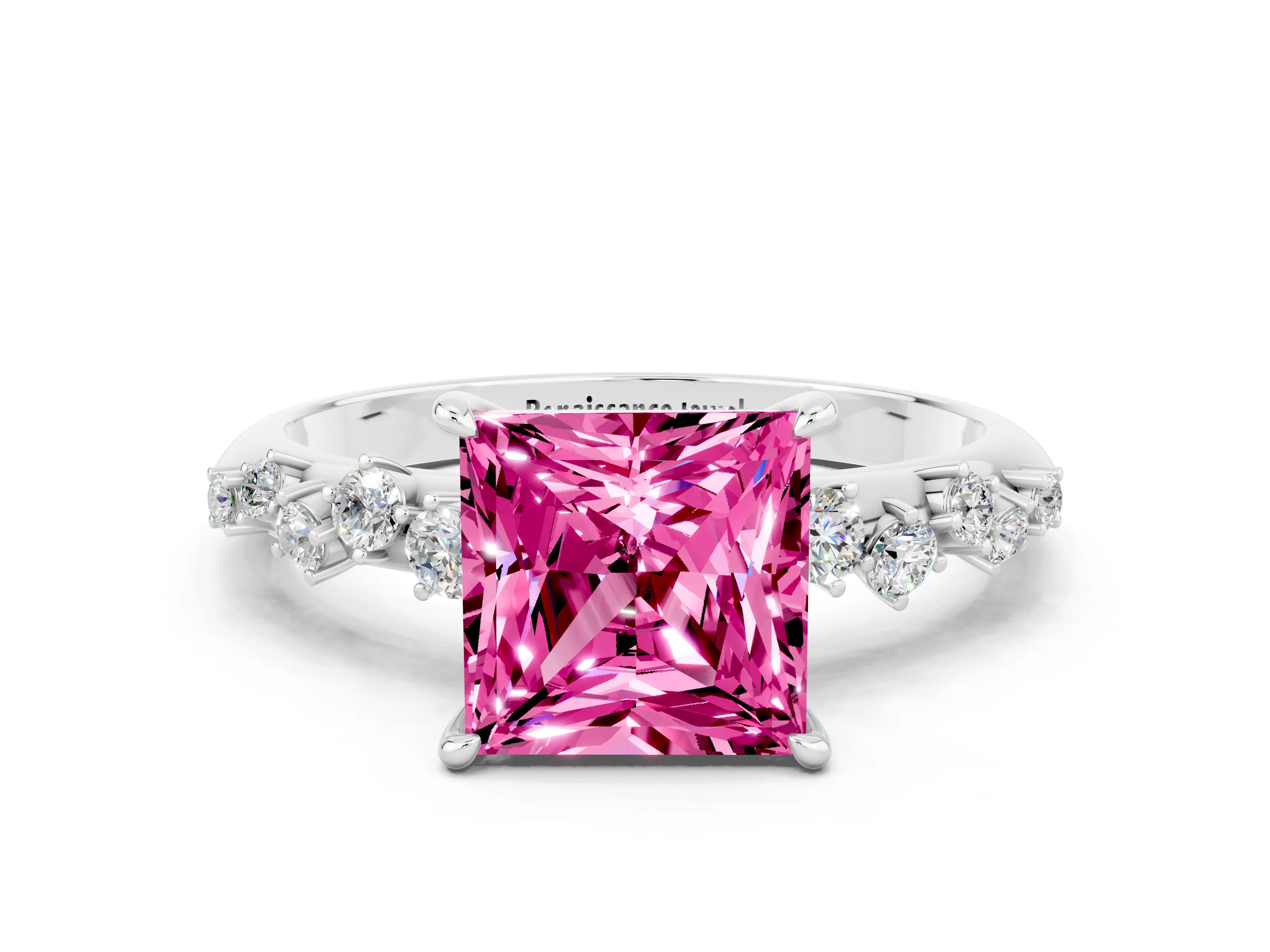 White gold Princess Cut Pink Sapphire Cluster Side Stone Solitaire Ring with Prong Setting_66