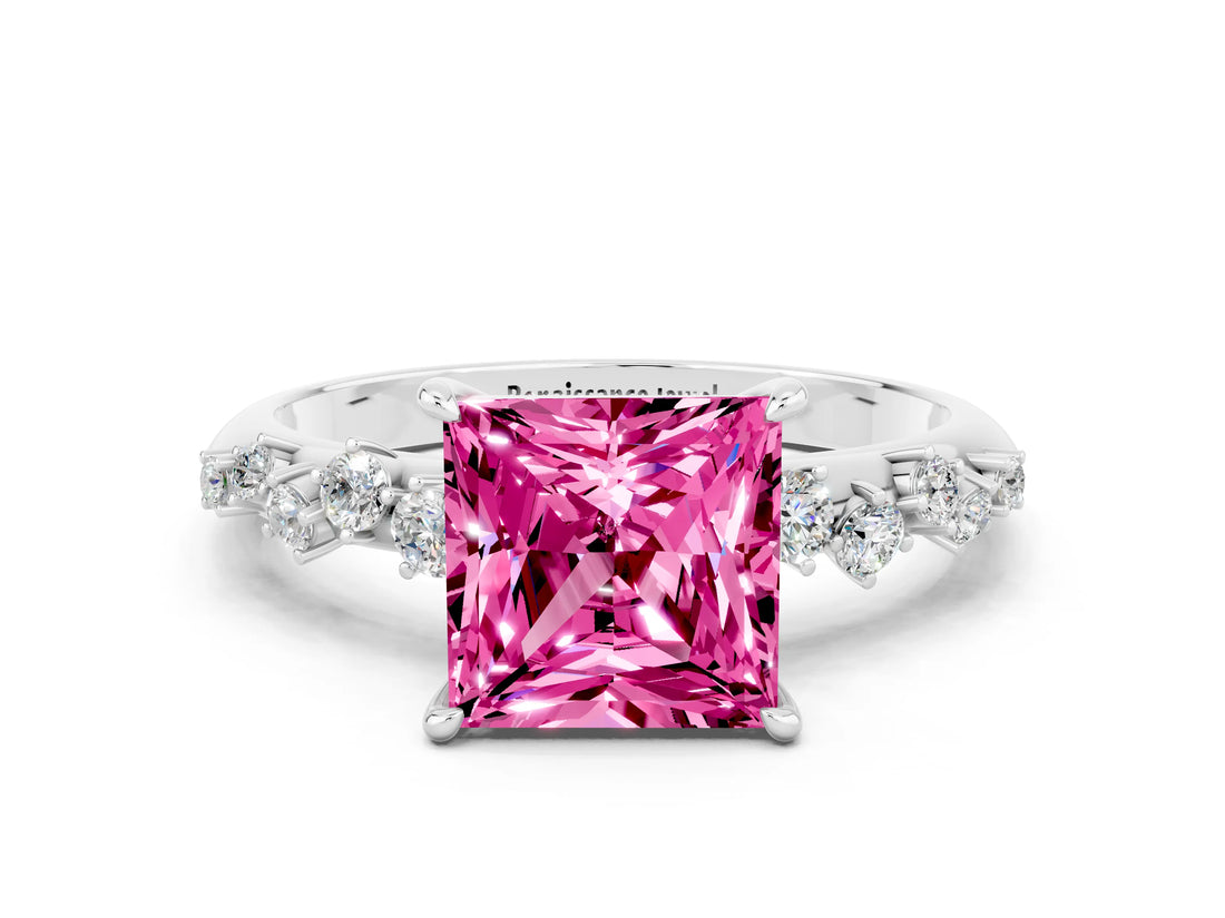 White gold Princess Cut Pink Sapphire Cluster Side Stone Solitaire Ring with Prong Setting_66