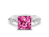 White gold Princess Cut Pink Sapphire Cluster Side Stone Solitaire Ring with Prong Setting_66