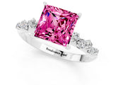 White gold Princess Cut Pink Sapphire Cluster Side Stone Solitaire Ring with Prong Setting_67