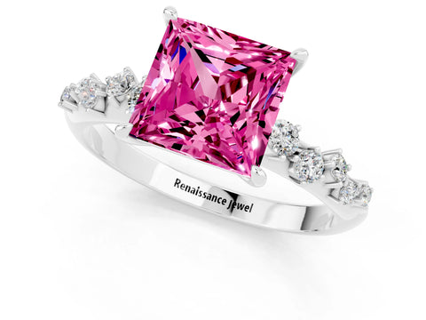 White gold Princess Cut Pink Sapphire Cluster Side Stone Solitaire Ring with Prong Setting_67