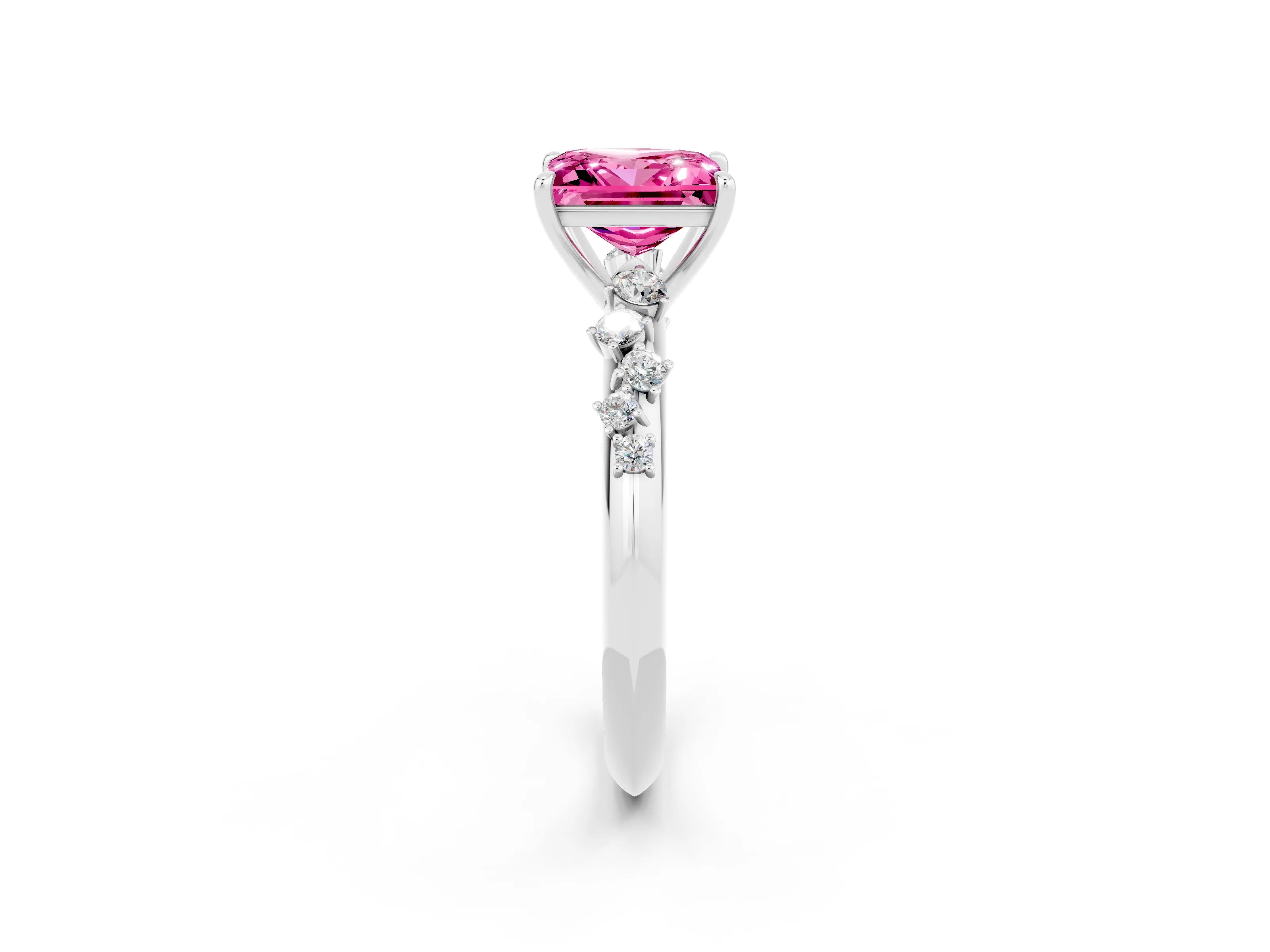 White gold Princess Cut Pink Sapphire Cluster Side Stone Solitaire Ring with Prong Setting_68