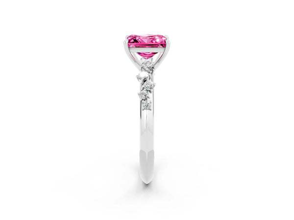 White gold Princess Cut Pink Sapphire Cluster Side Stone Solitaire Ring with Prong Setting