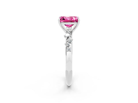White gold Princess Cut Pink Sapphire Cluster Side Stone Solitaire Ring with Prong Setting_68