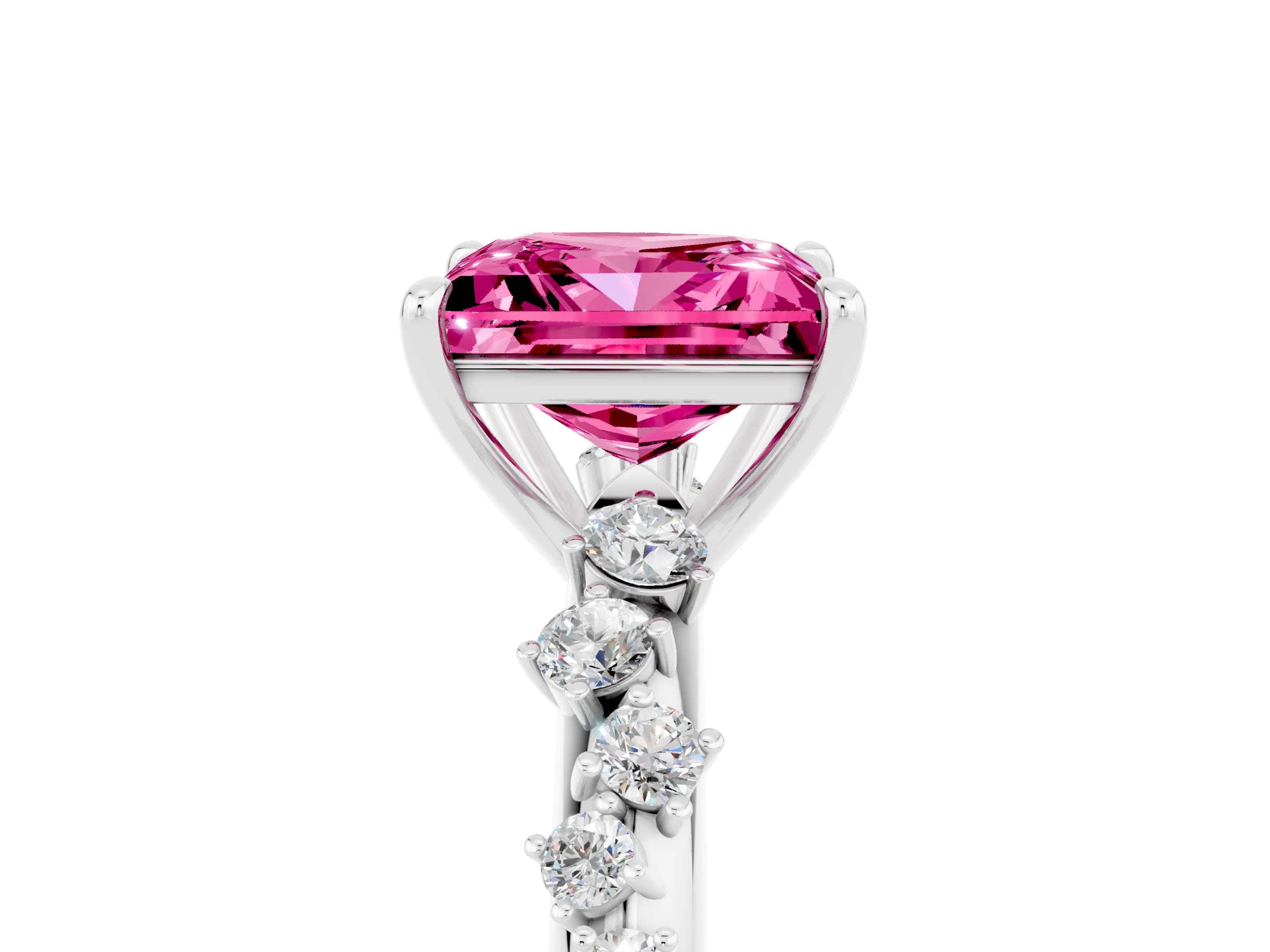 White gold Princess Cut Pink Sapphire Cluster Side Stone Solitaire Ring with Prong Setting_71