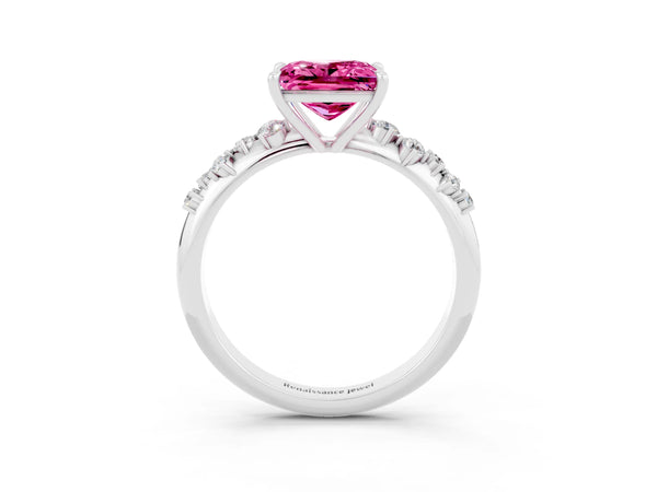 Platinum Princess Cut Pink Sapphire Cluster Side Stone Solitaire Ring with Prong Setting