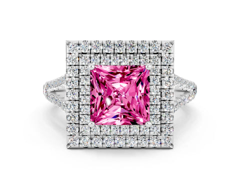 White gold Princess Cut Pink Sapphire Double Halo Ring with Pavé Band and Prong Setting_12