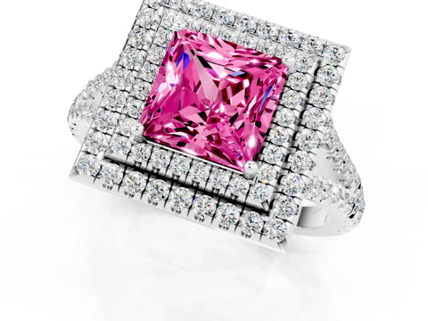 White gold Princess Cut Pink Sapphire Double Halo Ring with Pavé Band and Prong Setting_13