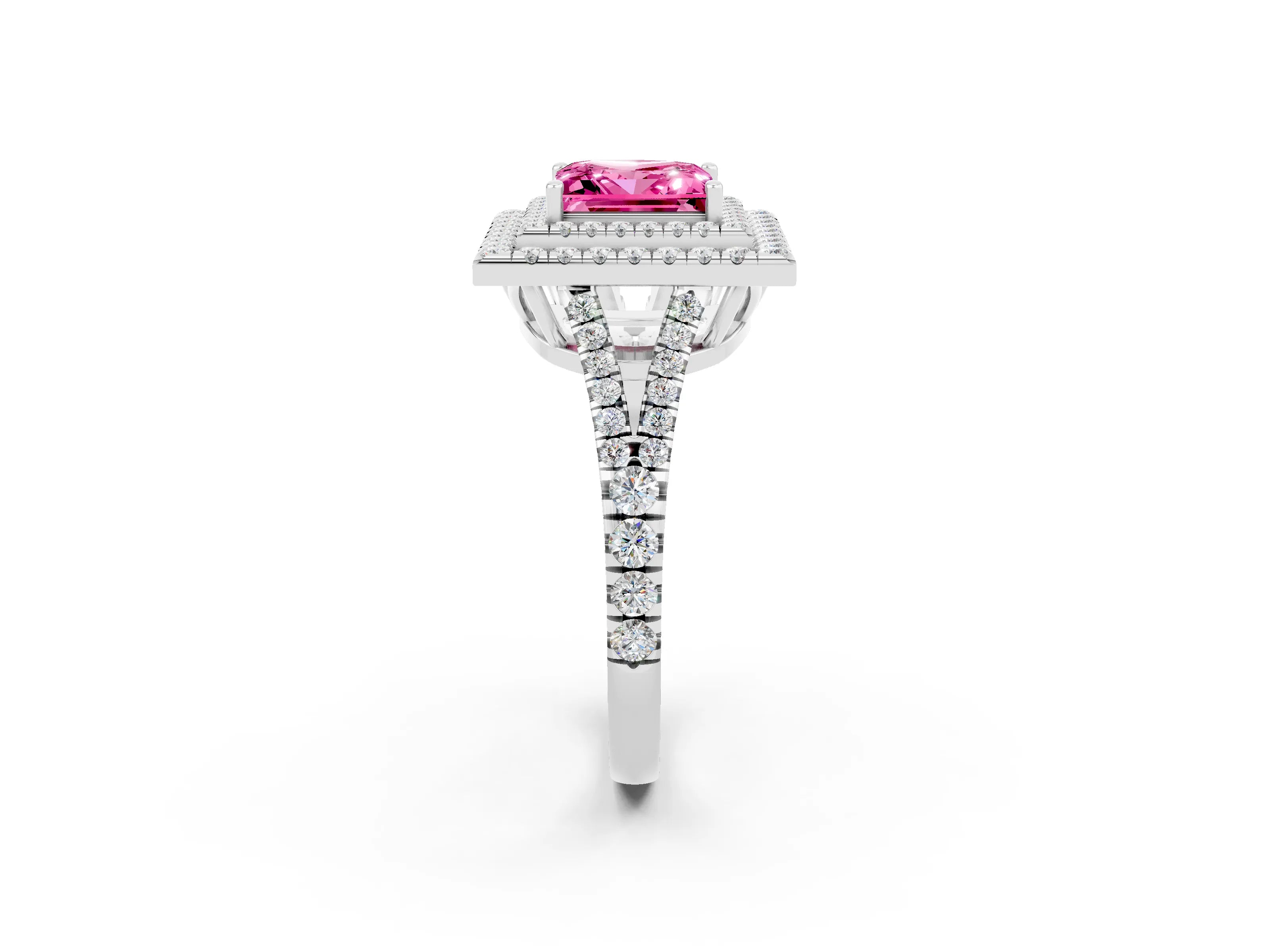 White gold Princess Cut Pink Sapphire Double Halo Ring with Pavé Band and Prong Setting_14