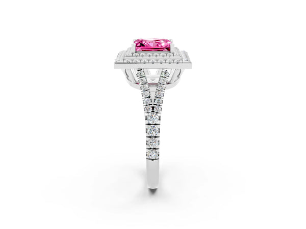 Silver Princess Cut Pink Sapphire Double Halo Ring with Pavé Band and Prong Setting